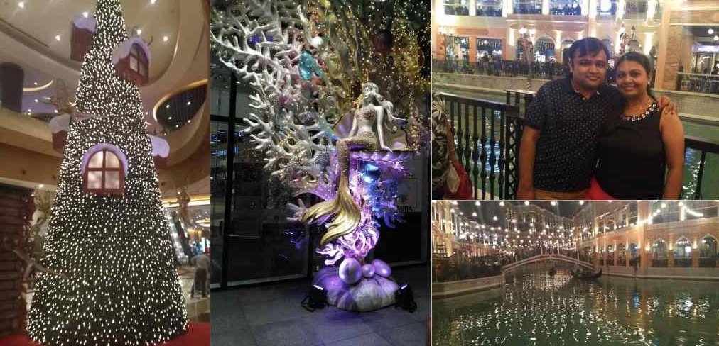Collage capturing Jainee Vora and her husband's visit to Venice Grand Canal Mall and Okada Casino in Manila