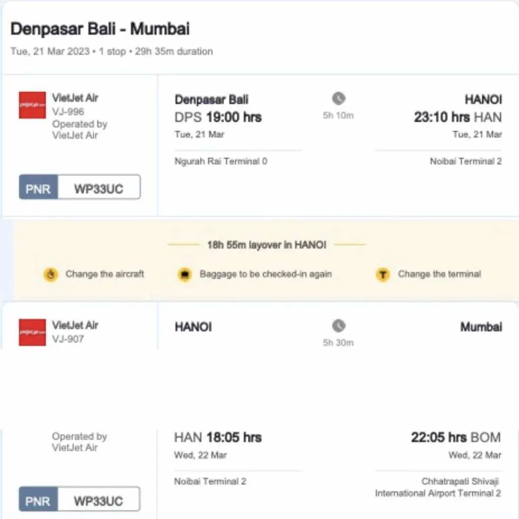 Ticket that shows that i had a long layover in Hanoi because i wanted to know if traveller can go out of Vietnam airport during layover.